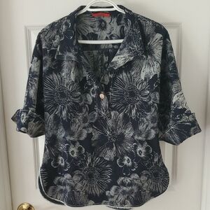 Carolina Herrera Blue Jacquard Floral 3/4 Sleeve Top Size S